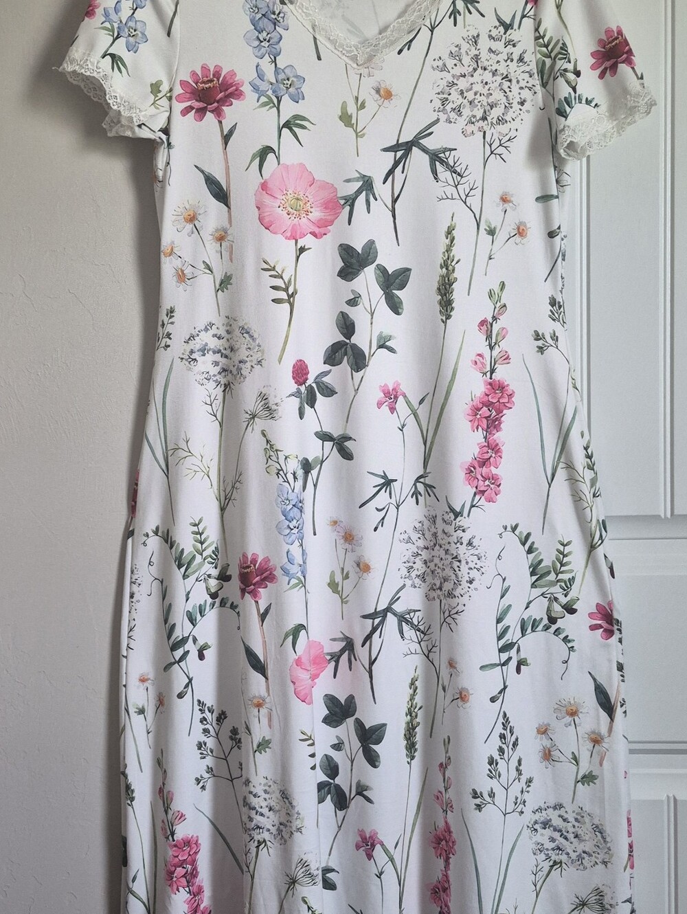 White Floral Dress with Pink & Green Print